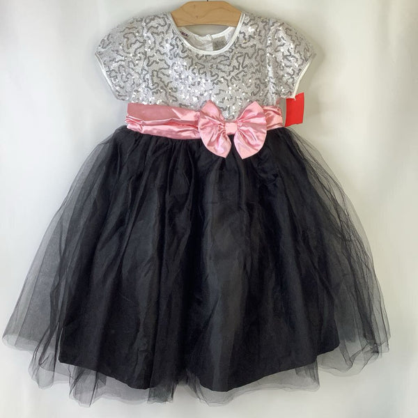 Size 6: Blueberi Boulevard White Sparkly Sequin Black Tulle Short Sleeve Fancy Dress