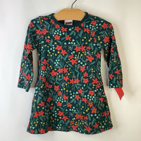 Size 2 (85): Hanna Andersson Green Red Flowers Long Sleeve Dress