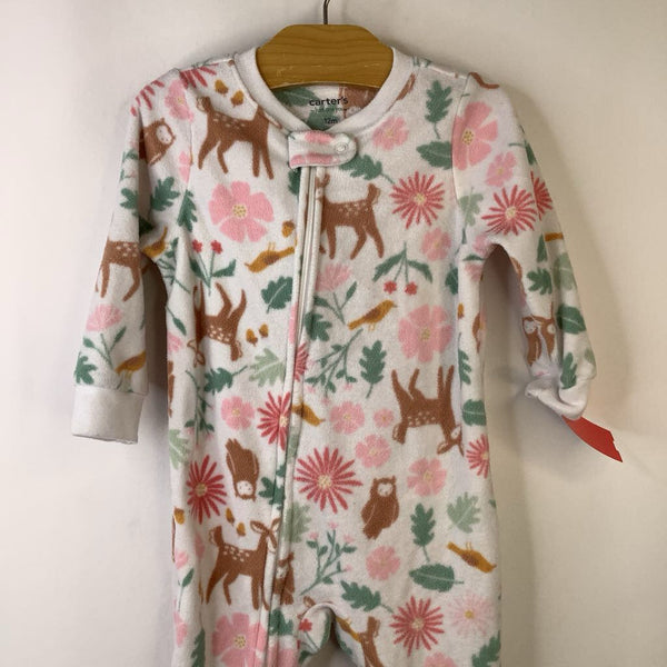 Size 12m: Carter's White/Colorful Flowers & Deer 1pc Fleece Footy PJs