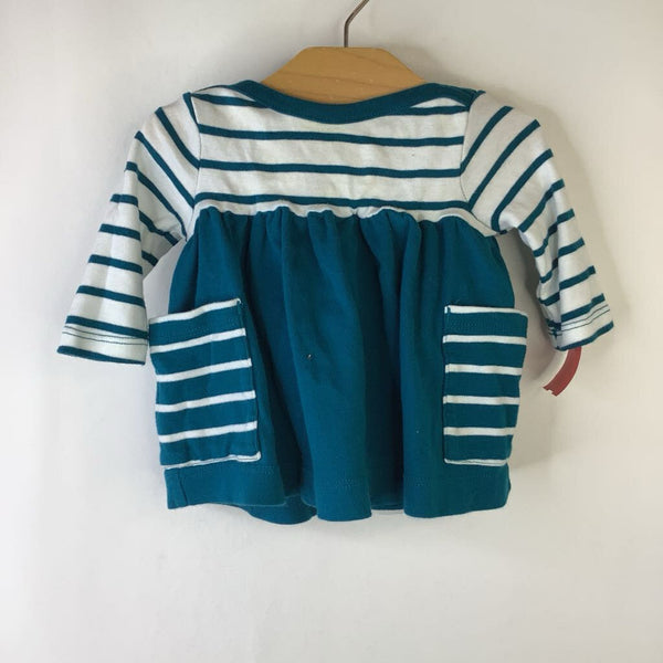 Size 0-3m: Hanna Andersson Teal White Striped 2pc Dress/Bloomers