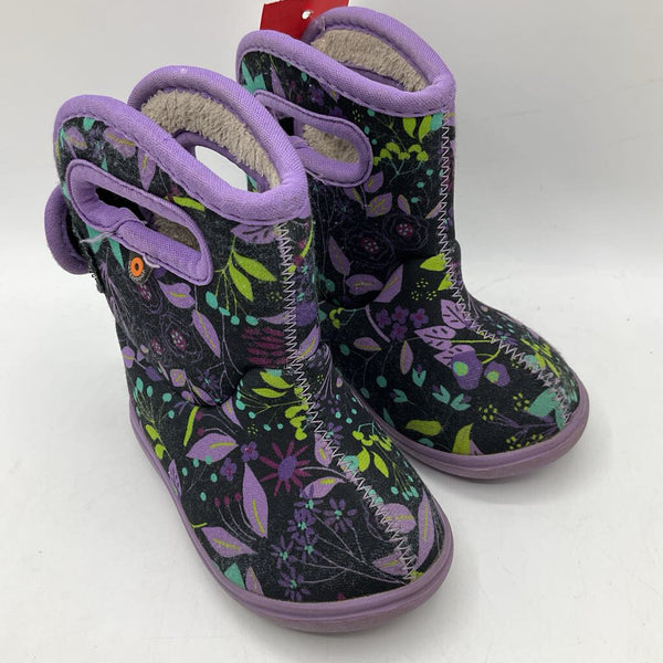 Size 5: Bogs Black/Purple/Green Floral Fleece Lined Rain Boots