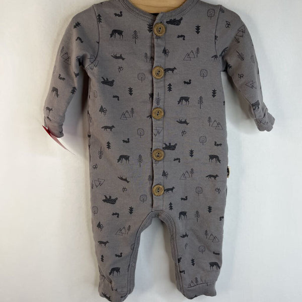 Size 3-6m: Rabbit + Bear Grey/Black Woodland Print Snap/Button-Up Romper