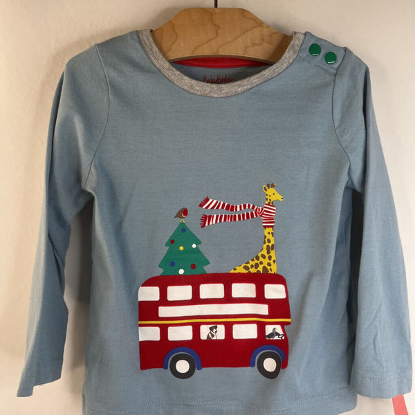 Size 12-18m: Baby Boden Light Blue Christmas Tree & Giraffe in Double Decker Bus Long Sleeve Shirt