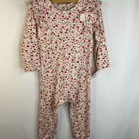 Size 3: Perh White Red & Mauve Flowers Ruffle Long Sleeve Long Romper