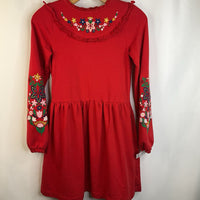 Size 11-12: Mini Boden Red Colorful Flowers Embroidered on Collar & Arms Long Sleeve Dress w/ Pockets