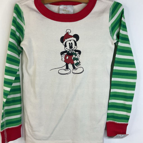 Size 5 (110): Hanna Andersson Disney White & Green Striped Mickey Mouse in Santa Hat Long Sleeve 2pc PJs