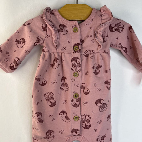 Size 0-3m: Rabbit + Bear Pink & Magenta Owls Button-up Long Sleeve Long Romper