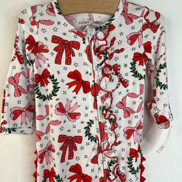 Size 0-3m: Caden Lane White Red Bows & Wreaths Ruffle Footed Long Sleeve 1pc PJs