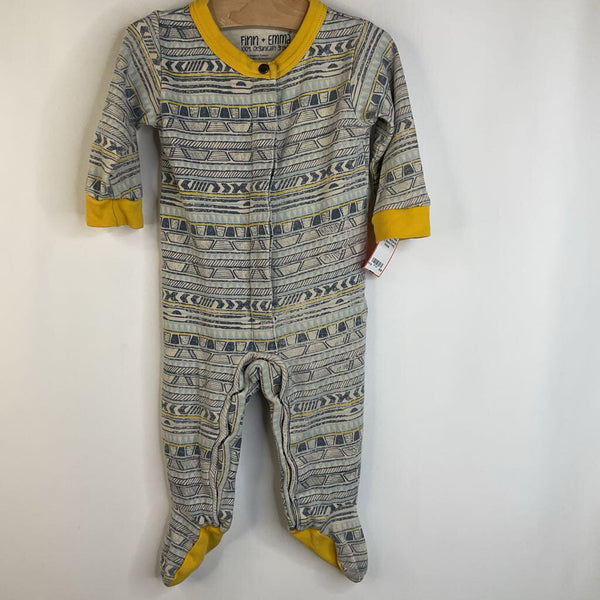 Size 3-6m: Finn + Emma Yellow/Blue Patterned Button-Up Long Sleeve Footy Onesie