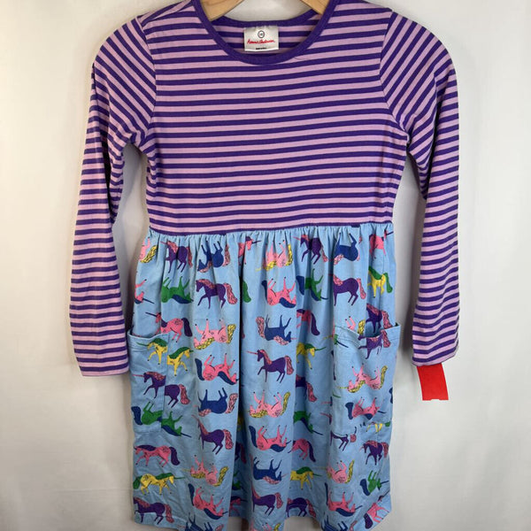 Size 10 (140): Hanna Andersson Purple/Lavender Striped Blue Colorful Horse Skirt Long Sleeve Dress w/ Pockets