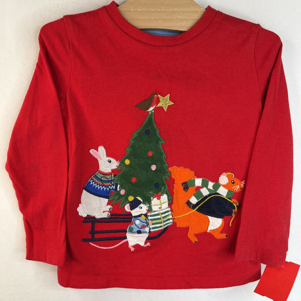 Size 2-3: Mini Boden Red Bunny, Mouse & Squirrel w/ Holiday Tree & Gifts Long Sleeve Shirt