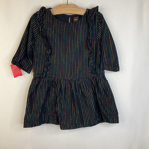 Size 4: Tea Collection Black Colorful Pin Stripes Ruffle Long Sleeve Dress