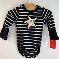 Size 0-3m: Polarn O Pyret Black & White Striped White Star Long Sleeve Onesie