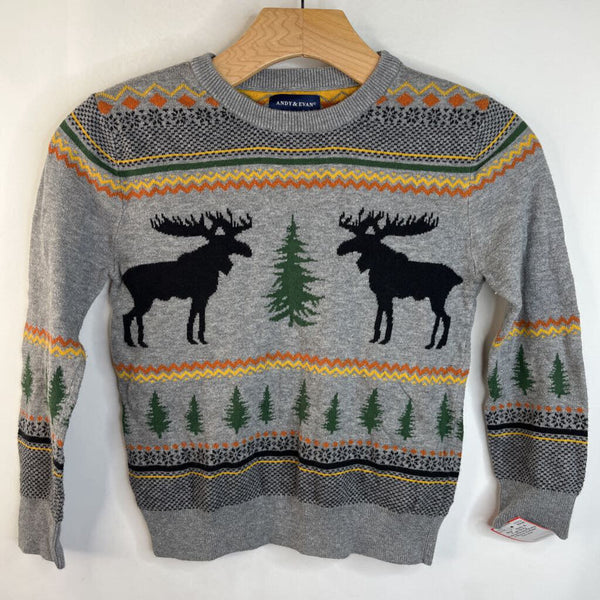 Size 7: Andy & Evan Grey Yellow/Green/Orange Moose Knitted Sweater