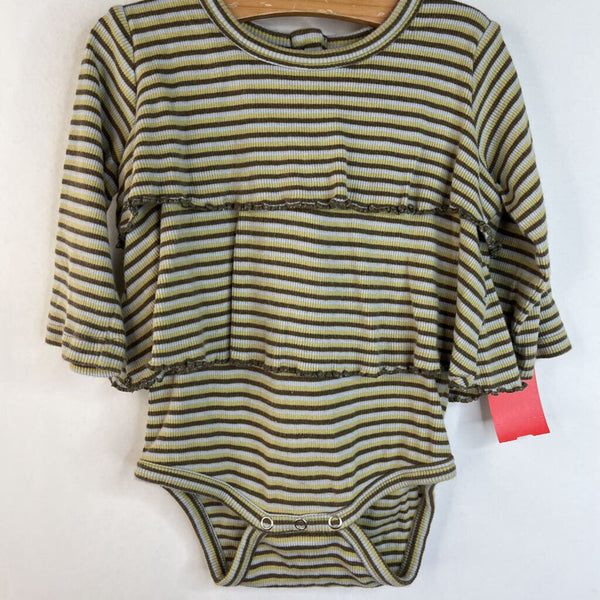 Size 12-18m: Kate Quinn Organics Green Striped Long Sleeve Ruffle Shirt Onesie