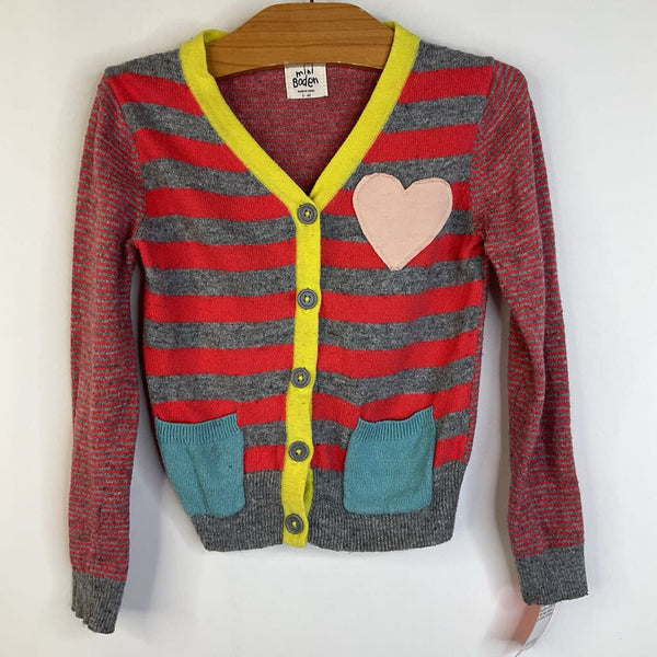 Size 3-4: Mini Boden Red/Grey Striped & Pink Heart Button-Up Knitted Cardigan