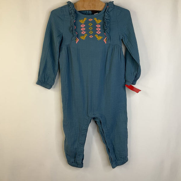 Size 18-24m: Tea Light Blue/Pink & Yellow Embroidered Birds Long Sleeve Romper