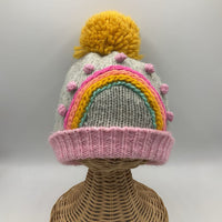 Size 12-24m: Grey/Pink/Yellow Pom Pom & Rainbow Knitted Winter Hat