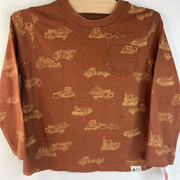 Size 3: Gap Brown/Yellow Construction Vehicles Print Long Sleeve Shirt