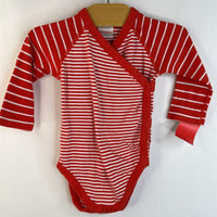 Size 12-18m (75): Hanna Andersson White/Red Striped Long Sleeve Side Snap Onesie