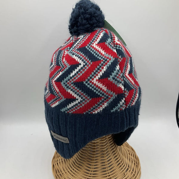 Size M: Columbia Red/Blue/White Patterned Knitted Beanie W/Pom Pom