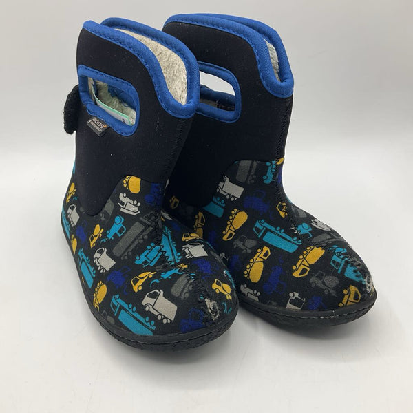 Size 10: Baby Bogs Black/Blue Vehicle Print Insulated Rain Boots