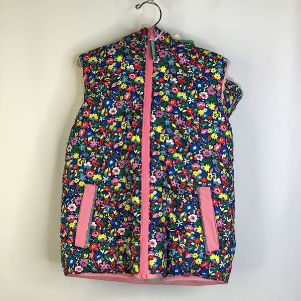 Size 6-7: Mini Boden Blue/Creme Colorful Floral Fleece Zip-Up Reversible Puffer Vest - New w/ Tags