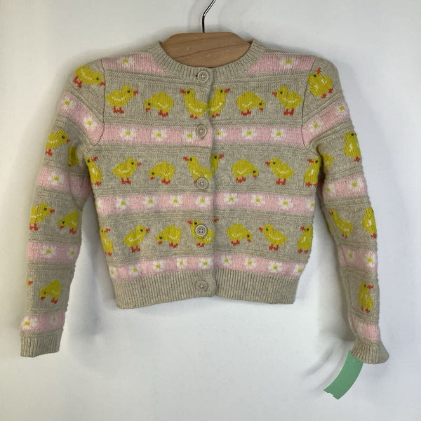 Size 2-3: Mini Boden Brown/Pink Chick & Floral Print Button-Up Cardigan