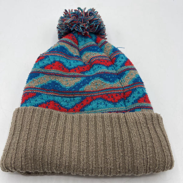 Size OS: Patagonia Brown/Blue/Red Knitted Beanie W/Pom Pom