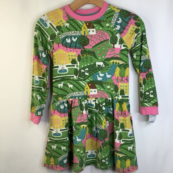 Size 8-9: Mini Boden Green/Pink Back Country Living Print Long Sleeve Dress