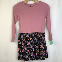 Size 10 (140): Tea Pink Black Floral Long Sleeve Dress