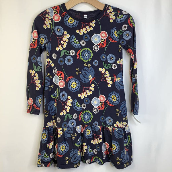 Size 10 (140): Tea Navy Blue Geo/Abstract Floral Long Sleeve Dress