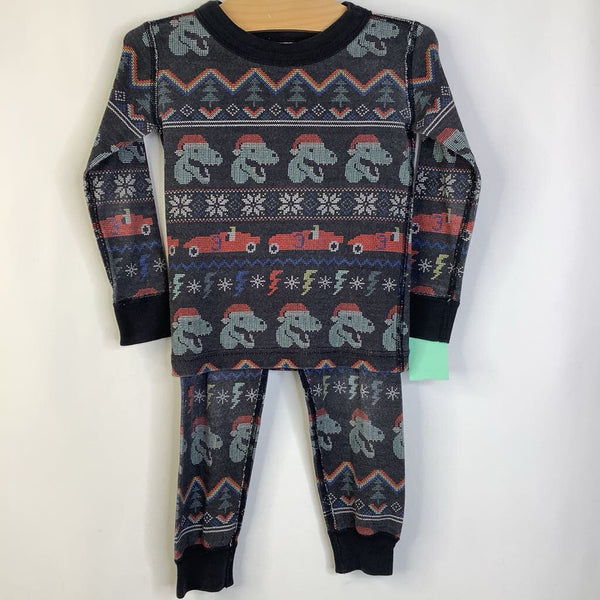 Size 3 (90): Hanna Andersson Grey Green Dinosaur Santa 2pc PJs - REDUCED