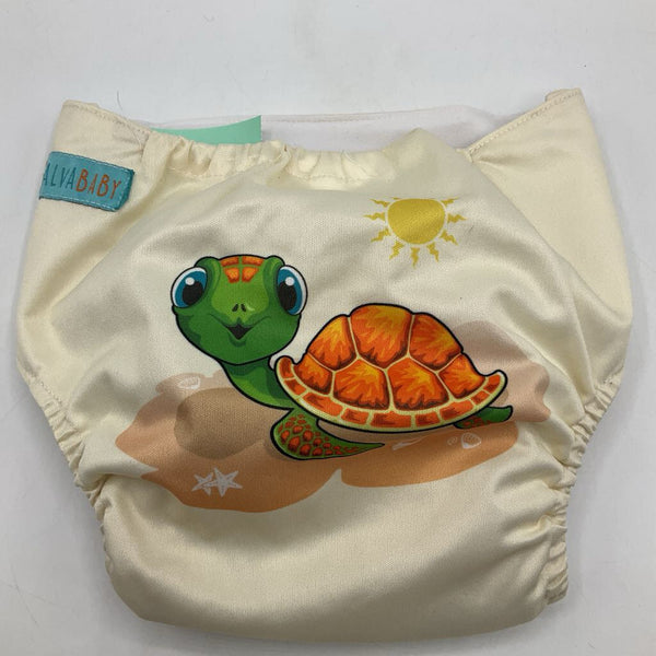 Size OS: Alva Baby Creme Green/Brown Turtle Adjustable Snap Diaper Cover