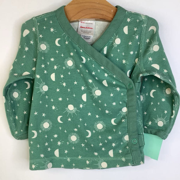 Size 3-6m (60): Hanna Andersson Green/White Stars Print Long Sleeve Wrap Shirt