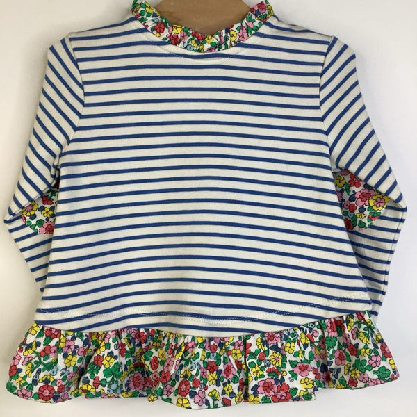 Size 3-6m: Baby Boden Blue/White Striped & Floral Ruffles Long Sleeve Dress