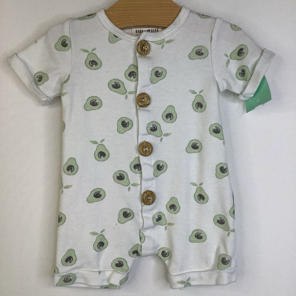 Size 0-3m: Rabbit + Bear White Avocado Print Button-Up Short Sleeve Short Romper