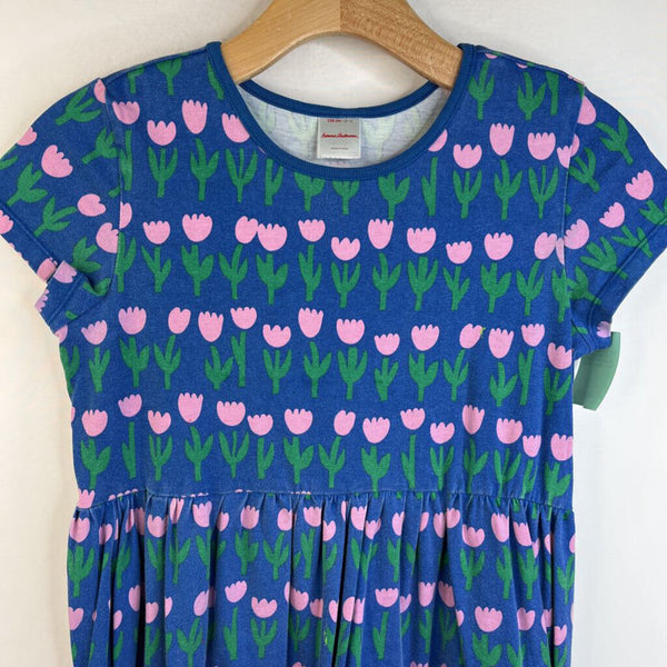 Size 12 (150): Hanna Andersson Blue/Pink Tulips Short Sleeve Dress