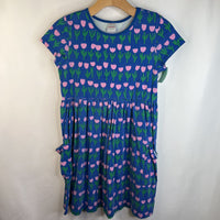 Size 12 (150): Hanna Andersson Blue/Pink Tulips Short Sleeve Dress