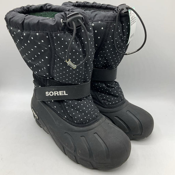 Size 3Y: Sorel Black/White Polka Dots Toggle/Velcro Strap Snow Boots