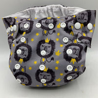 Size OS: Aliva Baby Grey/Lions In Crowns Adjustable Snap Diaper