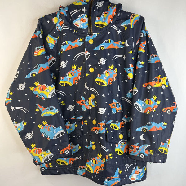 Size 6: Hatley Dark Blue Space Race Cars Print Button-Up Rain Coat