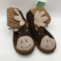 Size 1Y: Garnet Hill Brown Moose 100% Wool Hard-Sole Slippers