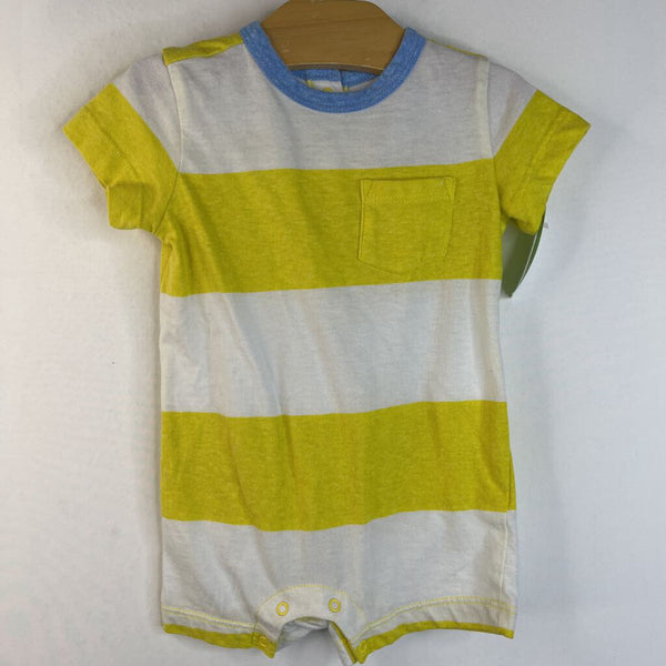 Size 6-12m: Primary Yellow/White Striped Snap-Up Short-Sleeve Romper