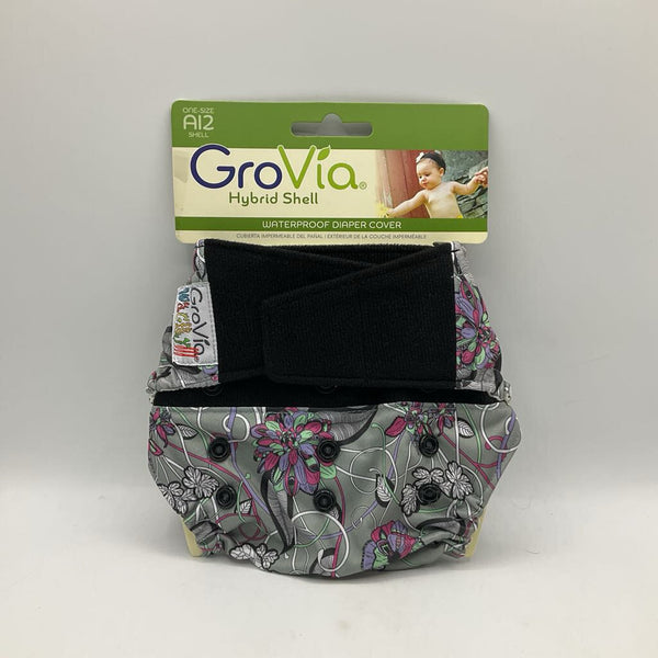 Size O/S: Grovia Hybrid Shell Waterproof Adjustable Snap/Velcro Diaper Cover: Grey/Colorful Floral Pattern-NEW