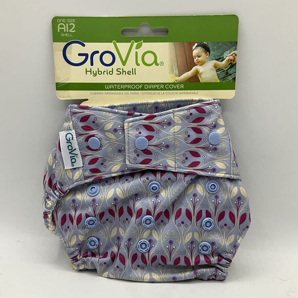 Size O/S: Grovia Hybrid Shell Waterproof Adjustable Snap Diaper Cover: Purple/Creme & Pink Leaves -NEW