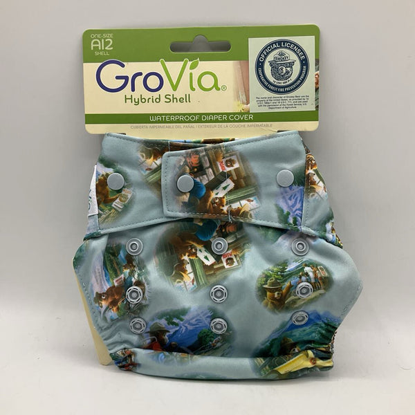 Size O/S: Grovia Hybrid Shell Waterproof Adjustable Snap Diaper Cover: Blue/Smokey The Bear Print -NEW