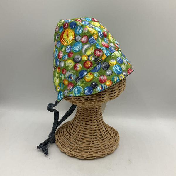 Size S: Sunday Seams Green/Colorful Marbles & Dark Blue Heathered Reversible Sun Bonnet -NEW