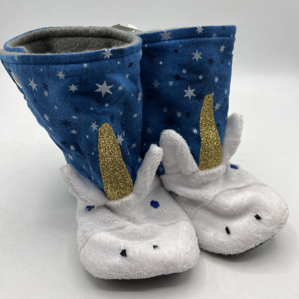 Size 18-24m: Beaneroobaby Blue/White Fuzzy Sparkly Unicorns Pop-Up Soft Sole Booties-NEW