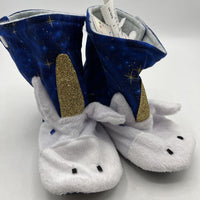 Size 2-3: Beaneroobaby Blue/White Fuzzy Sparkly Unicorn Pop-Up Soft Sole Booties-NEW